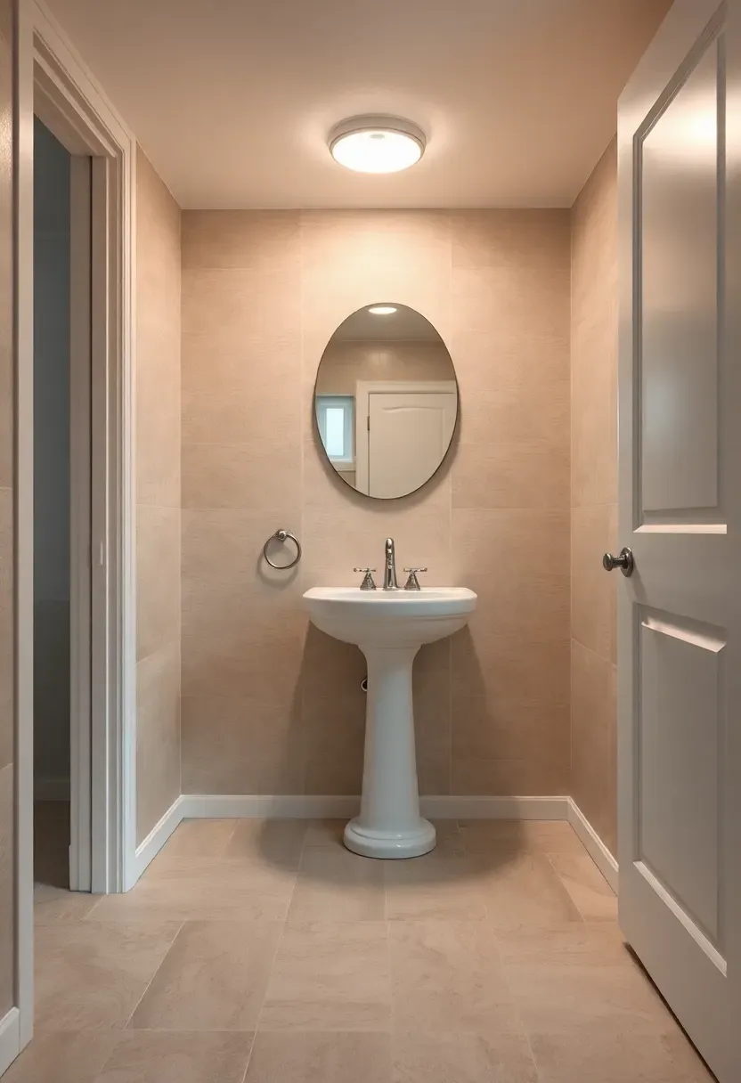 Vinyl sheet flooring in a stone-look pattern installed seamlessly in a small bathroom with white pedestal sink practical and clean