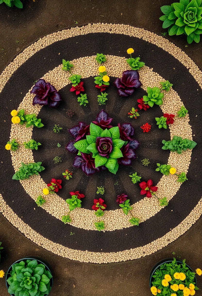 Mandala-shaped garden bed viewed from above with circular and radiating triangular planting sections filled with colorful vegetables, herbs, and flowers in a permaculture design