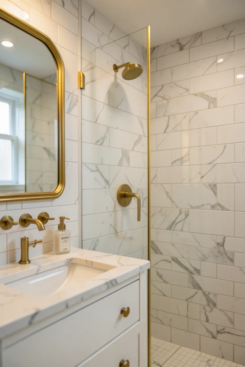 Travertine stone accent wall behind vanity in a neutral bathroom, organic texture on a budget