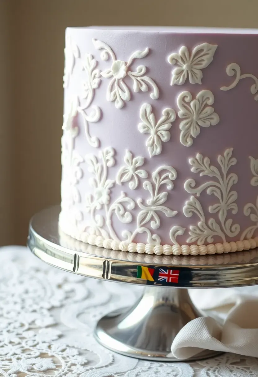 detailed baby shower cake with intricate white royal icing lace patterns piped over a soft lavender fondant base creating a delicate vintage textile effect
