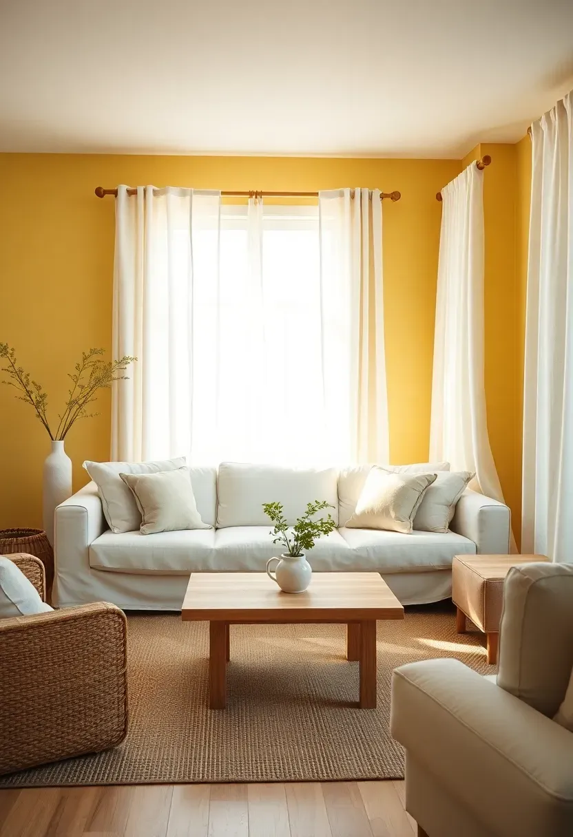 Hyper-realistic 3/4 view of a minimalist living room with butter yellow walls, white linen sofa, light oak coffee table, and white linen curtains. Materials: matte butter yellow paint, white linen upholstery, light oak wood, white linen drapes, natural fiber rug. Soft natural daylight with warm shadows, cozy and cheerful atmosphere. Clean composition with negative space, sharp linen texture details, no clutter, no text, no watermarks.</p>