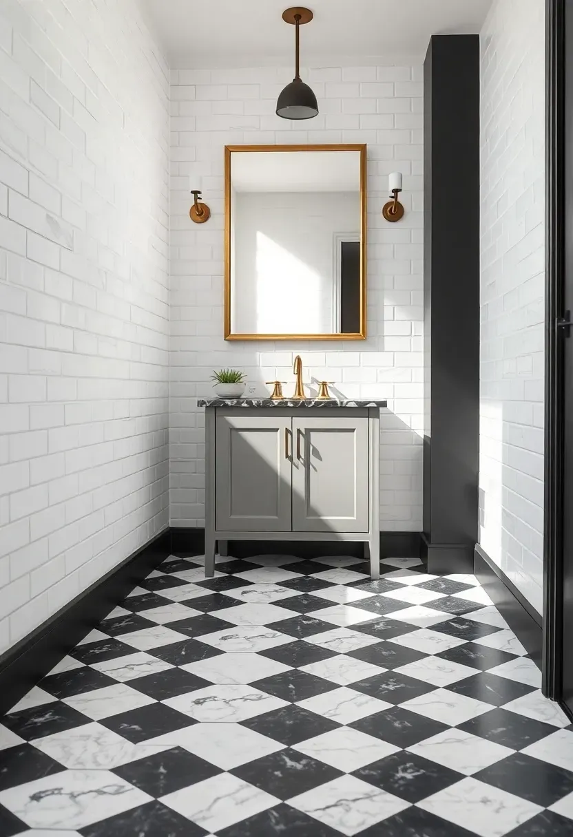 Classic black and white checkerboard tile floor with bright white walls and brass fixtures in a small bathroom