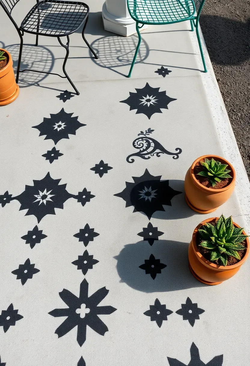 Concrete porch floor painted in a black and white geometric stencil pattern with potted plants along edges