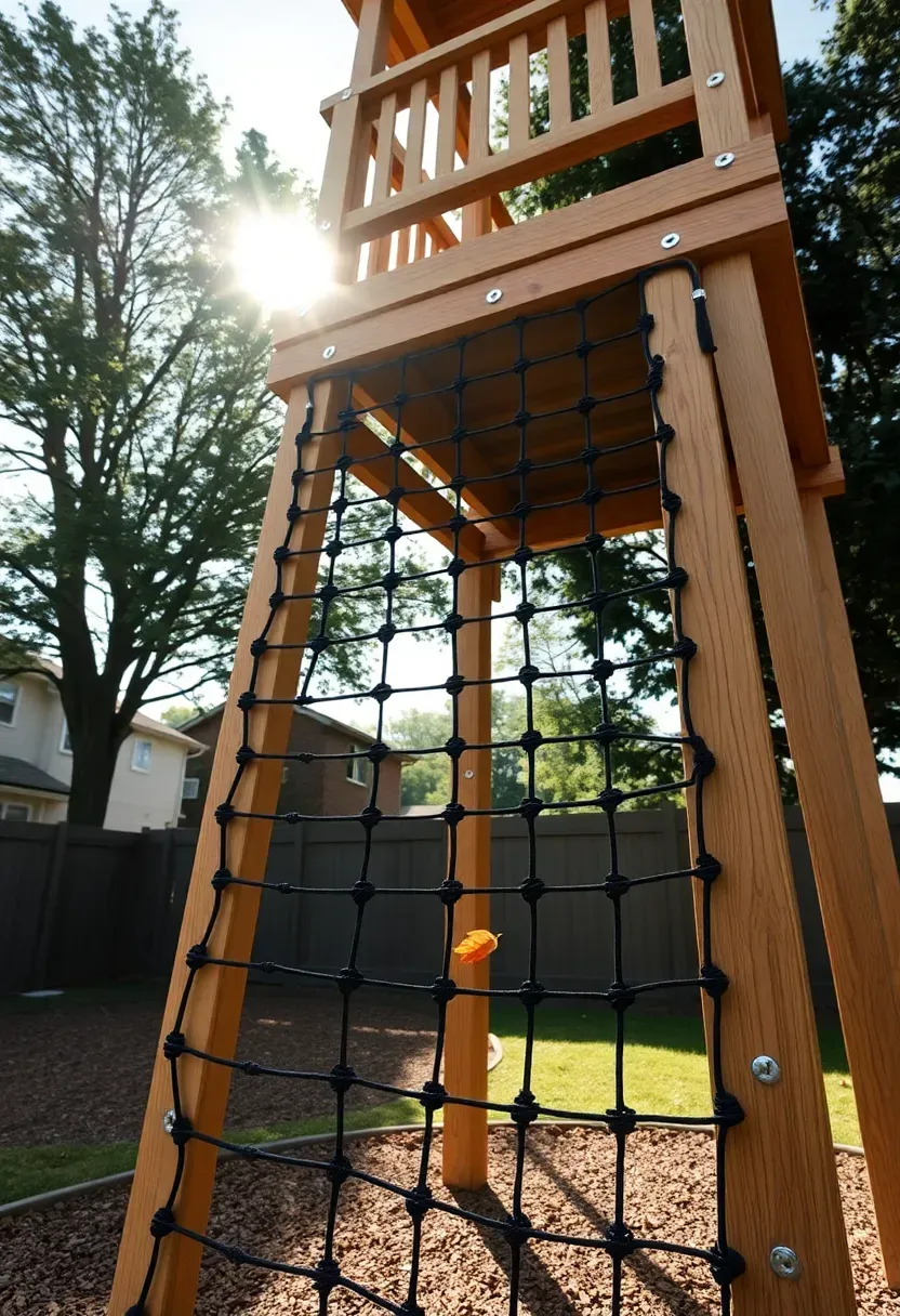 Tall wooden tower with thick rope cargo nets on multiple sides, children climbing in a safe backyard setting with padded ground