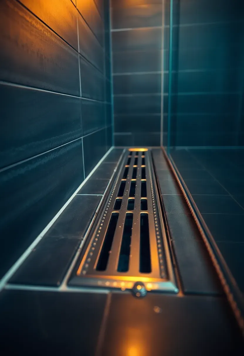 Close-up of a stainless steel linear shower drain installed along a basement shower wall with slate-look tile