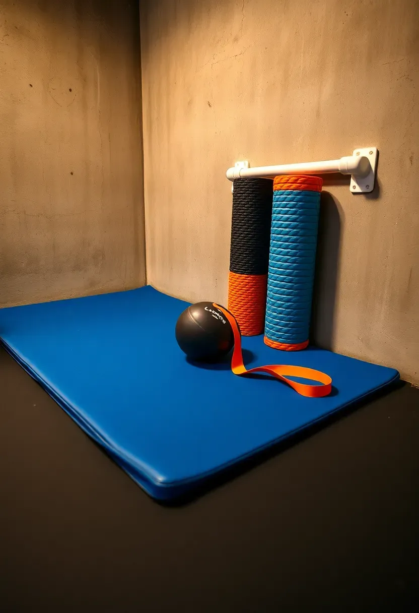 Basement gym corner with yoga mats, foam rollers, a lacrosse ball set, and mobility bands laid out on a padded floor area