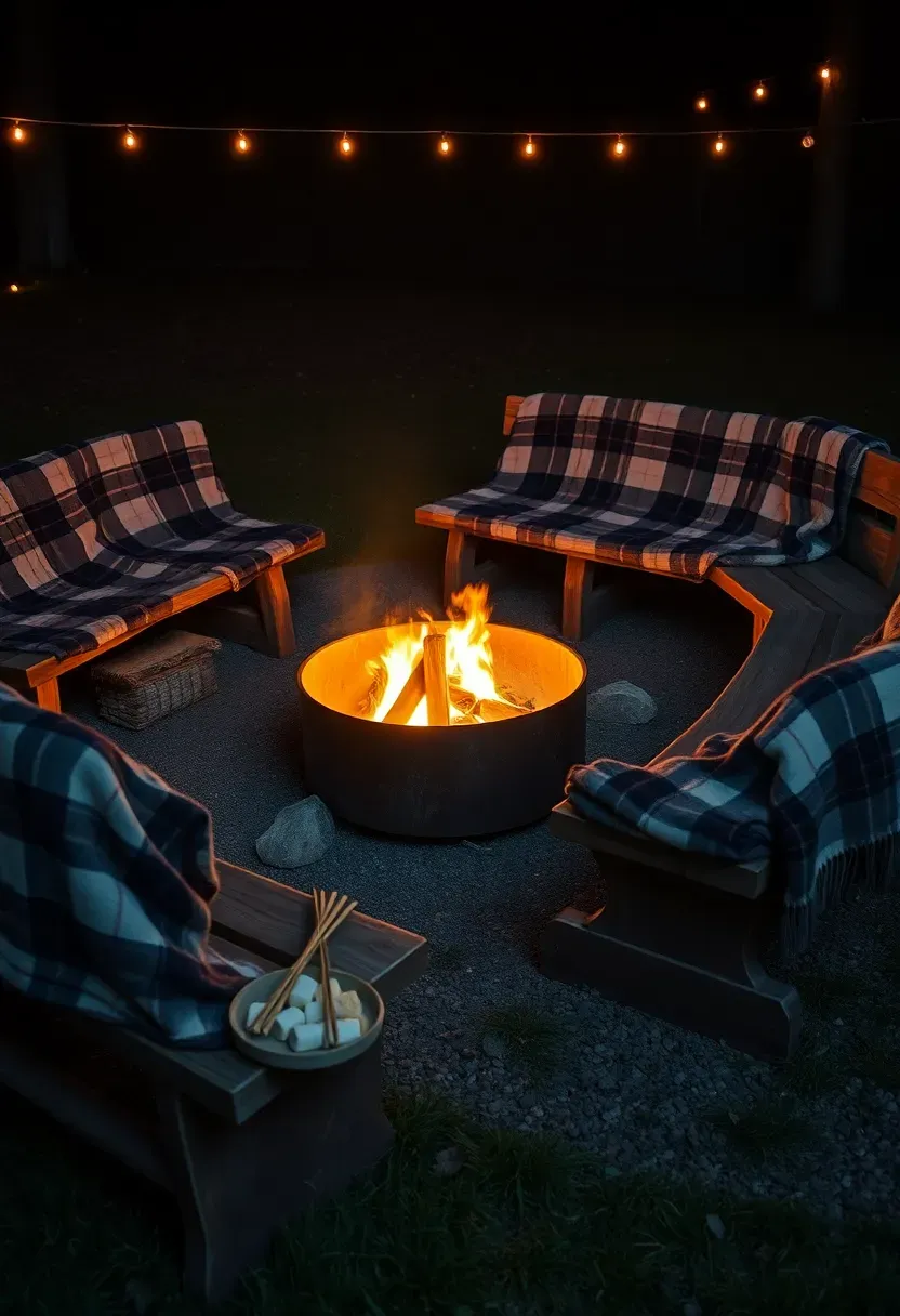 Backyard bonfire with teens sitting on log benches roasting marshmallows, blankets draped over seats, at a sweet 16 birthday party at night