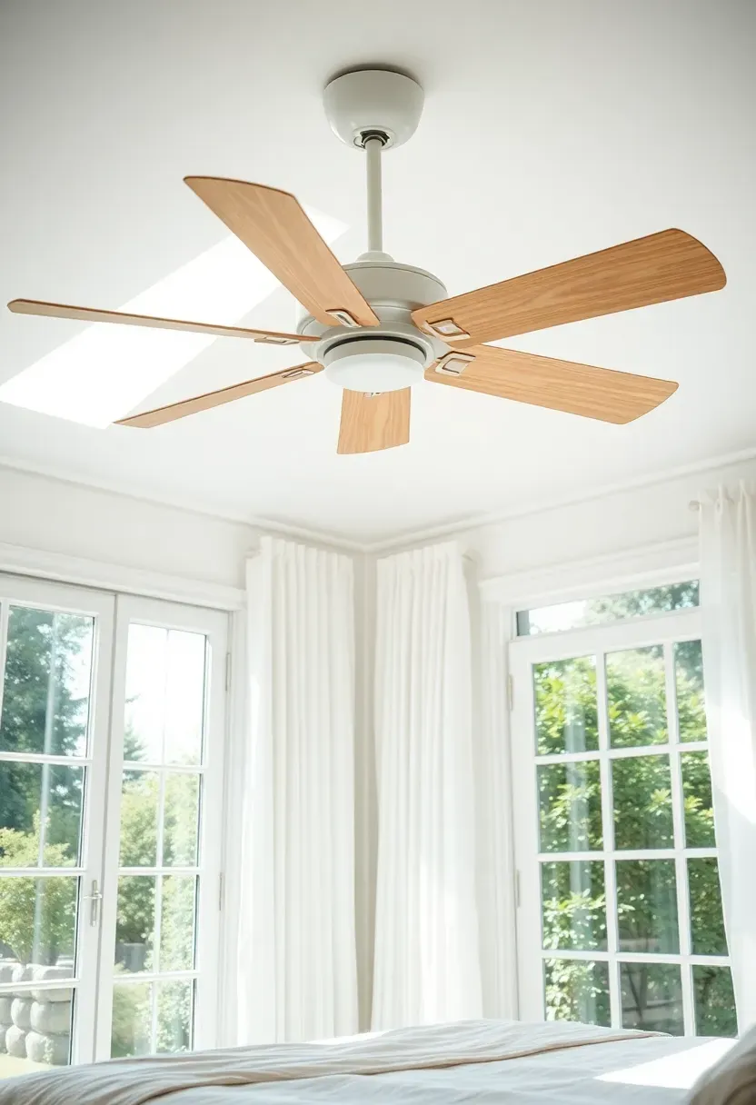Elegant white ceiling fan with wooden blades spinning gently in a bright sunroom bedroom, windows open to garden, light linen curtains billowing
