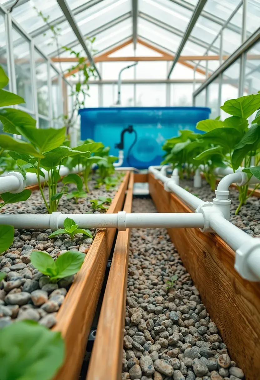 Interior of a greenhouse with aquaponics system showing raised grow beds connected to a fish tank with PVC piping