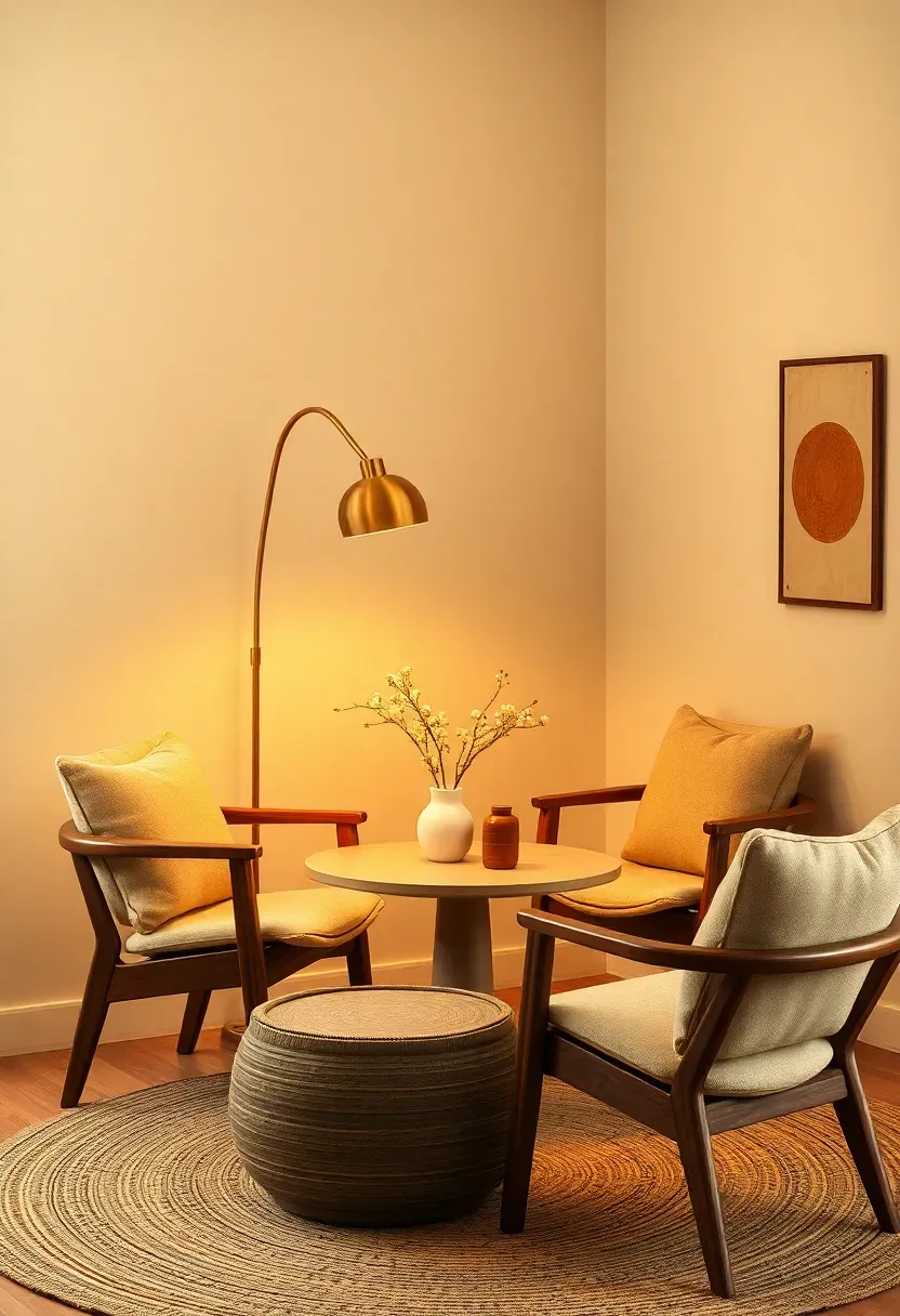 Brass arc lamp over a two-chair conversation nook