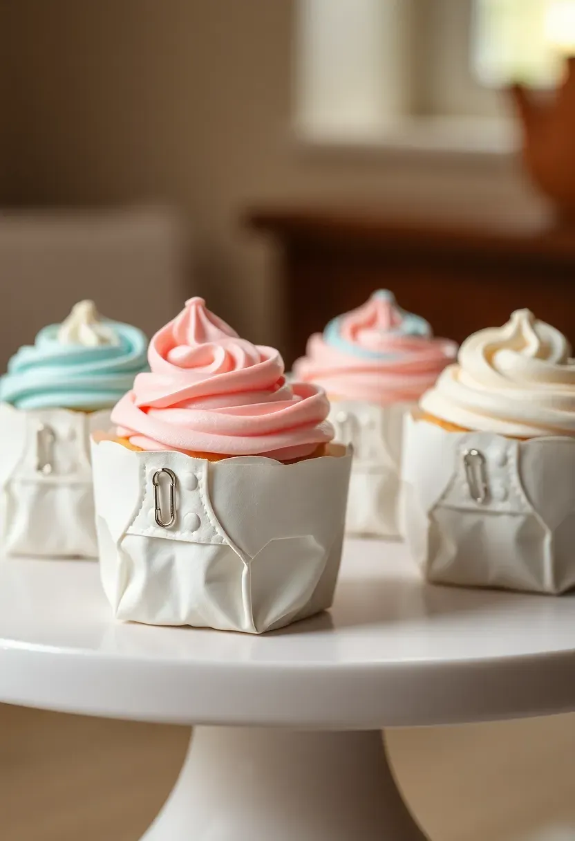 cupcakes wrapped in custom diaper-shaped cupcake wrappers made from white paper with tiny safety pin decorations