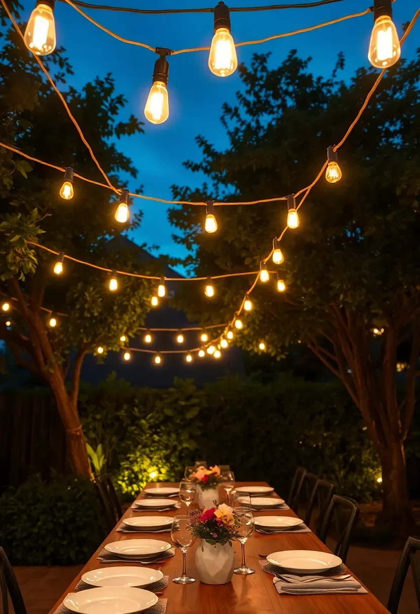 A birthday dinner table under a canopy of warm white string lights strung between backyard trees at evening