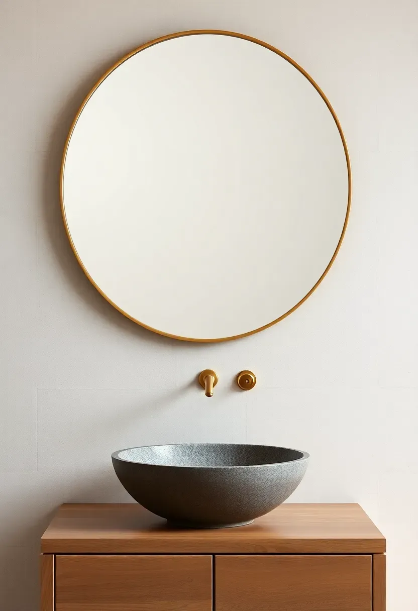 Asymmetrical organic-shaped bathroom mirror with curved irregular edges and a thin gold frame mounted above a Wabi-sabi style stone basin