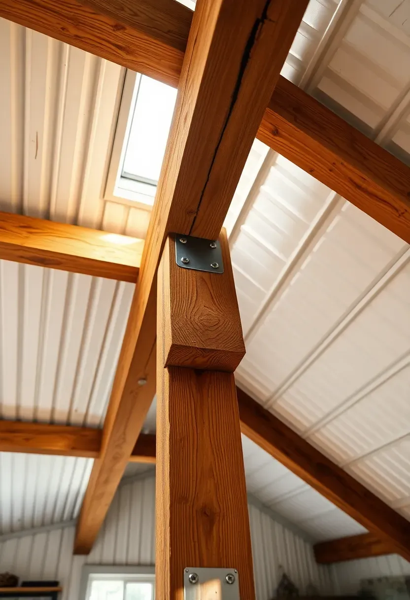 barndominium kitchen ceiling with reclaimed timber beams against white metal roof panels