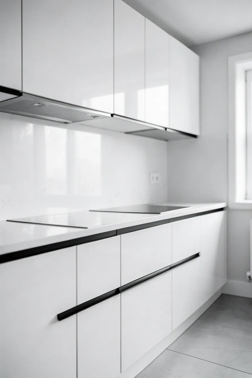 Sleek contemporary kitchen with high-gloss white flat-panel cabinets, full-height black quartz slab backsplash and integrated push-to-open handles for a seamless monochrome look