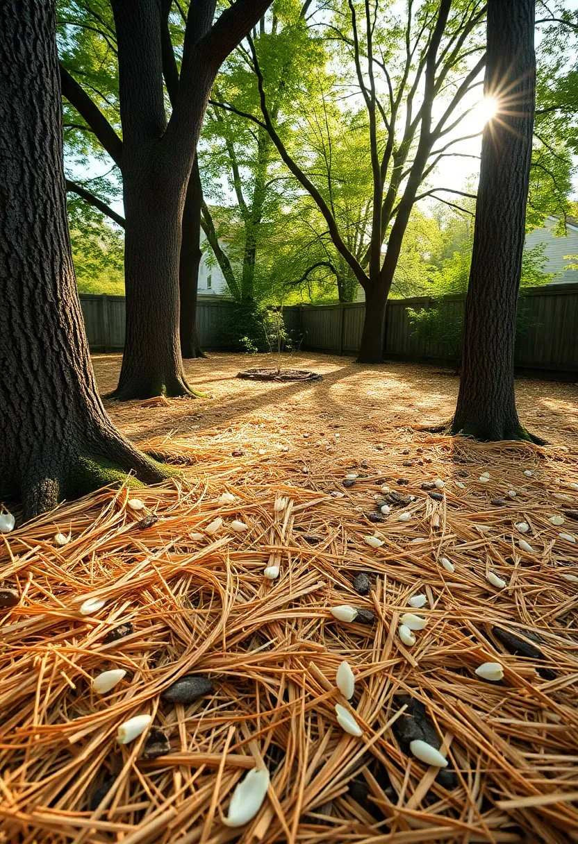 Pine straw mulch spread under a cluster of dogwood trees in a shaded backyard garden with a natural woodland look