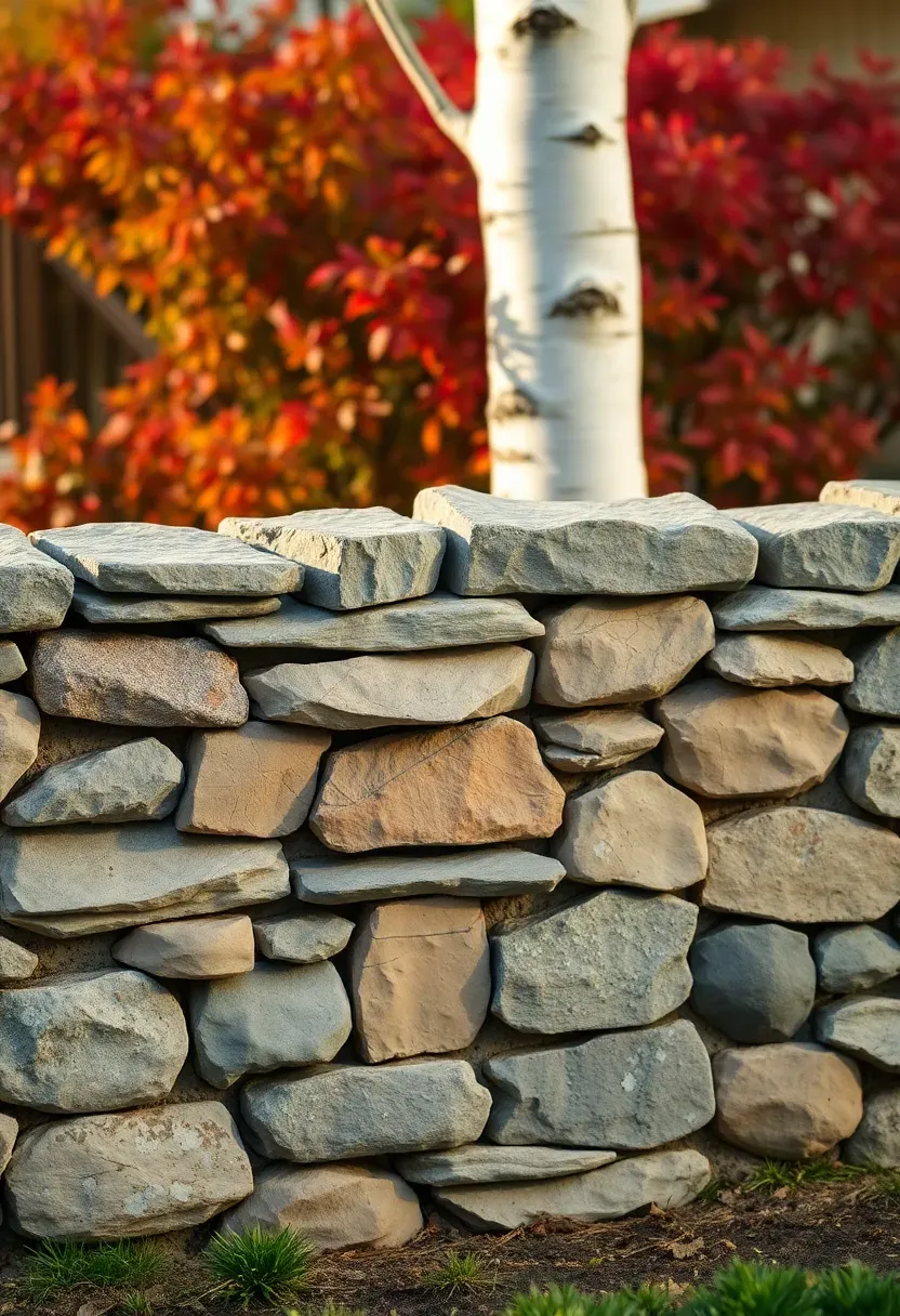 Dry-stack stone wall fence in a New England-style backyard with fieldstone in gray and tan tones