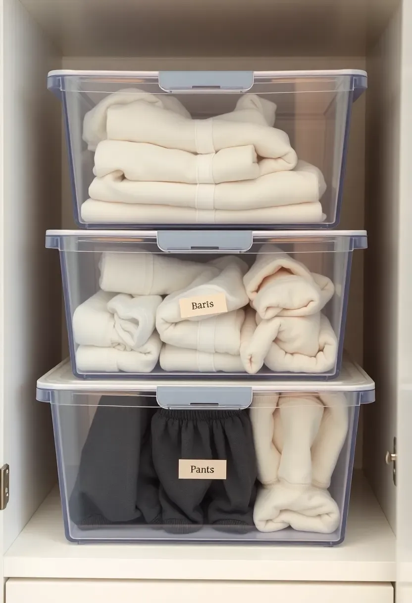stack of clear front storage bins inside a baby closet showing neatly folded onesies and pajamas through transparent panels