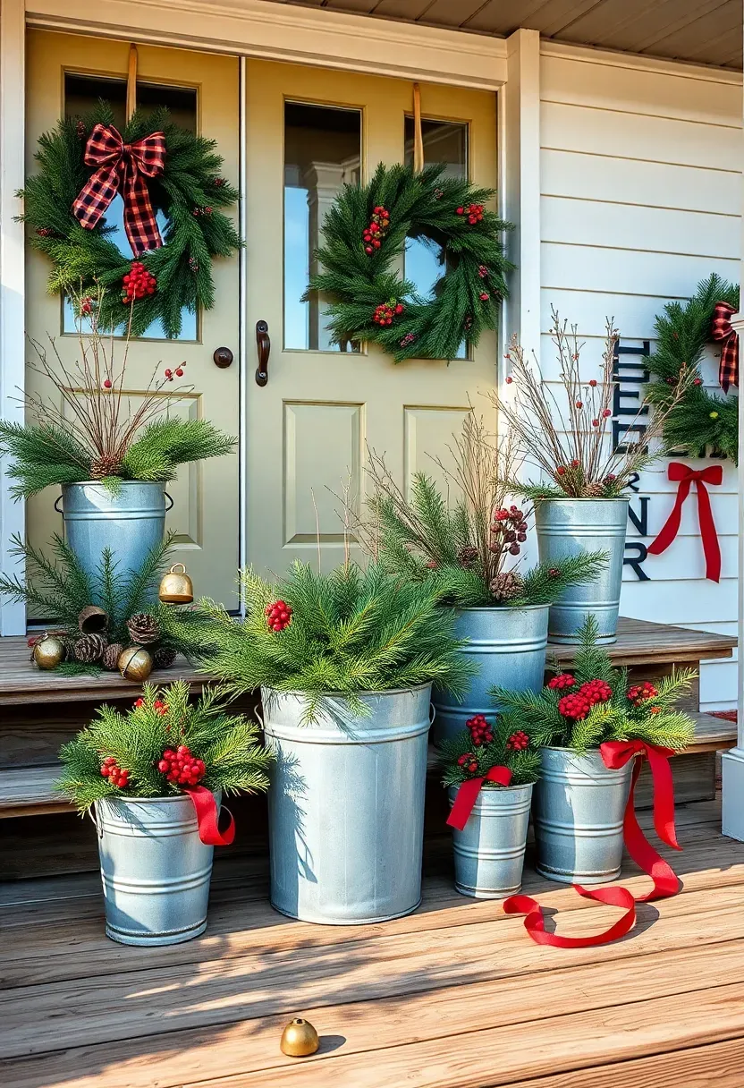 Hyper-realistic 3/4 view of a galvanized bucket front porch Christmas display. Materials: galvanized metal buckets in varied sizes arranged at different heights on wooden steps, filled with fresh pine branches, pinecones, and red winterberry stems, matching galvanized bucket wreath on front door, vintage metal jingle bells scattered on porch floor, red plaid ribbon accents. Warm morning sunlight (4500K), wood plank porch, white farmhouse exterior with metal roof. Rustic country mood like Fixer Upper holiday episode. Shallow depth of field, sharp details on galvanized metal patina and pine needles, gathered farmhouse composition. No text, no logos, no watermarks.</p>