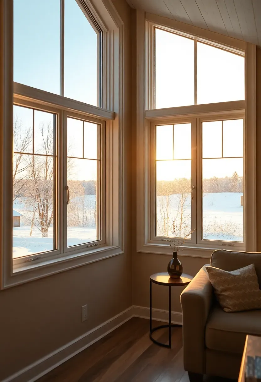 Hyper-realistic 3/4 view of a tiny house living room with large double-pane windows showing winter landscape outside. Materials: vinyl-clad wood windows with low-E coating, white trim, light wool curtains. Soft golden hour winter sunlight streaming through windows, pale blue winter sky visible through glass, warm neutral interior with beige walls and light wood floor. Cozy minimalist mood with warm light and cold outdoor contrast. Shallow depth of field, sharp details on window hardware and glass, visible tiny house room context with small sofa and occasional table. No text, no logos, no watermarks.</p>