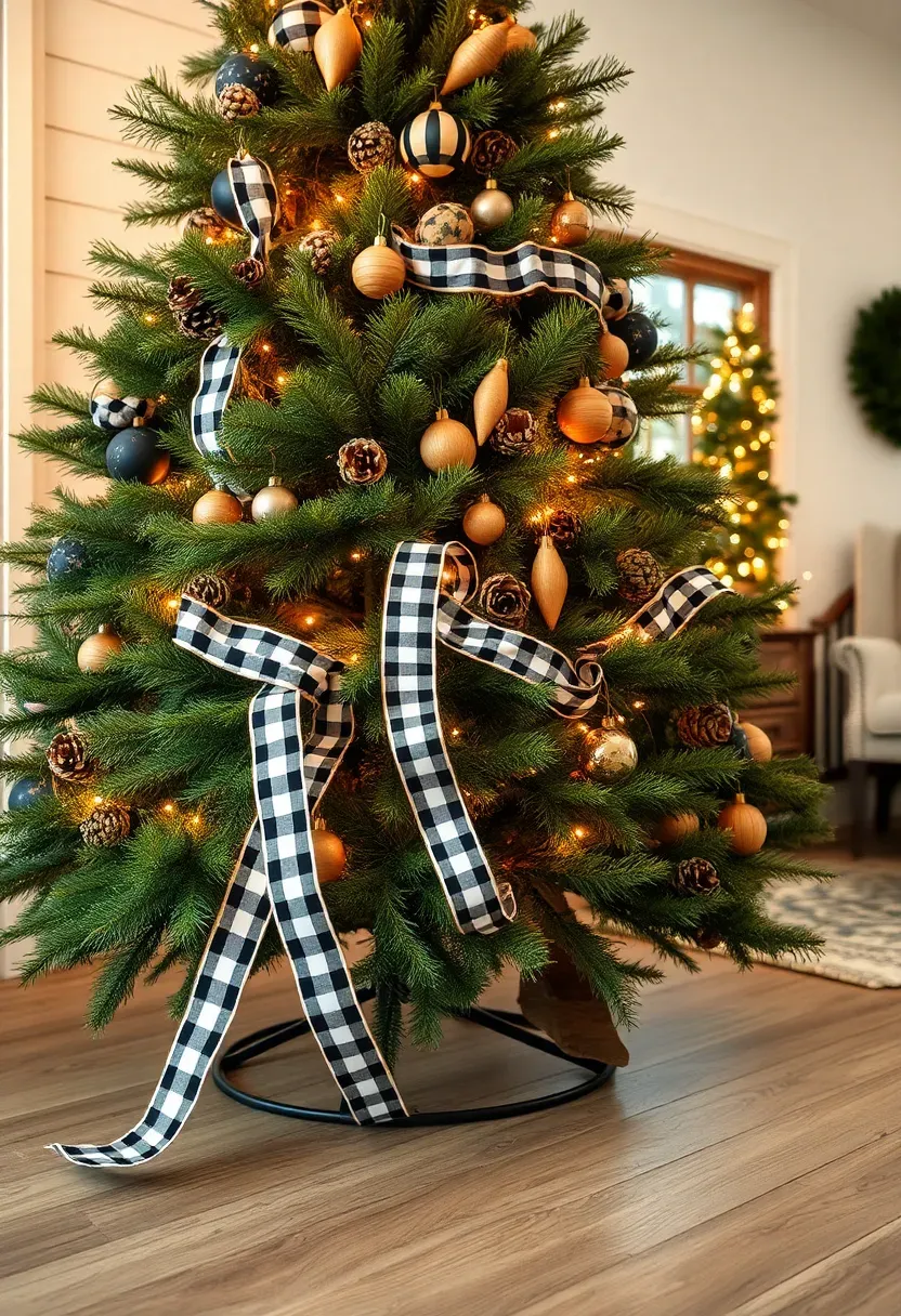 Hyper-realistic 3/4 view of a green Christmas tree decorated with cascading black and white buffalo check ribbon, wooden ornaments, and pinecones. Materials: realistic artificial pine needles, cotton buffalo check ribbon, raw wood ornaments, natural pinecones. Warm ambient light from farmhouse fixtures (2700K), creating cozy shadows on wide plank wood floor. Rustic mood, shallow depth of field focusing on ribbon texture, visible room context with shiplap walls and vintage furniture. No text, no logos, no watermarks.</p>