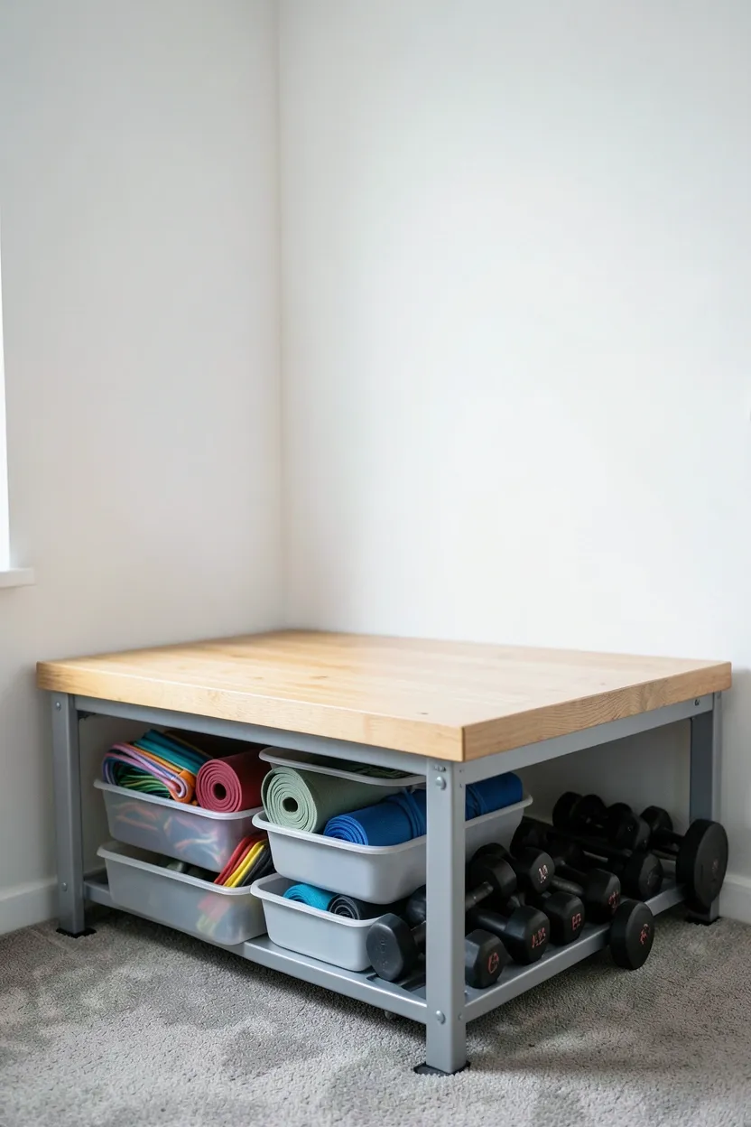 Lofted wooden workout platform with rolling storage bins underneath for gym equipment creating a dedicated training zone in small room