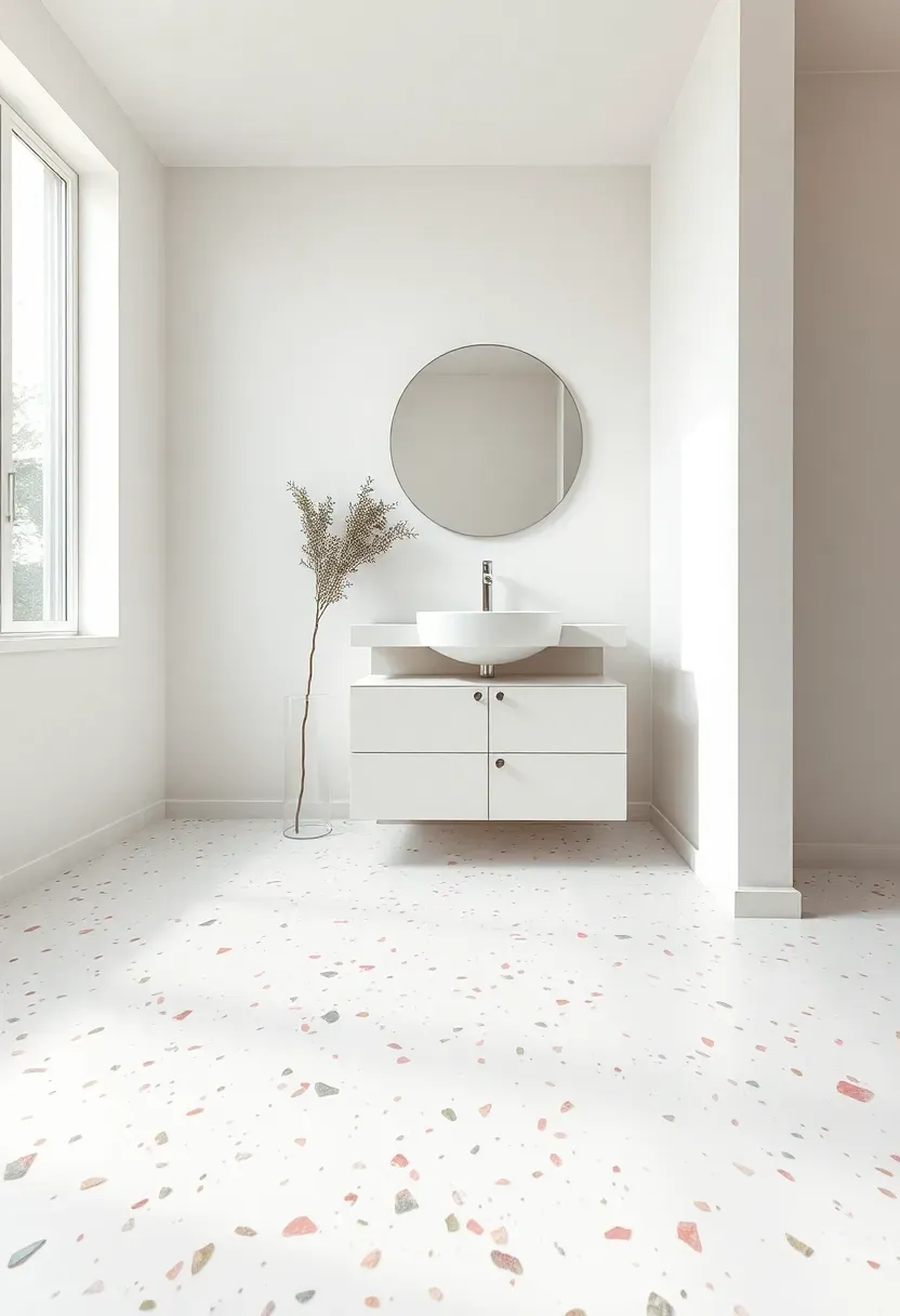 Poured terrazzo floor in warm white with coral pink and forest green stone chips in a minimalist modern bathroom