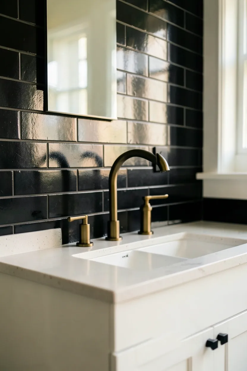 Black subway tile backsplash behind a white bathroom vanity — affordable ceramic tile in matte black finish
