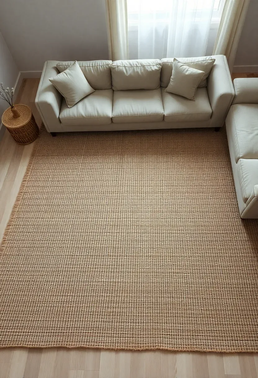 Hyper-realistic overhead view of large jute rug anchoring seating area in rustic minimalist living room. Materials: natural jute rug with subtle weave texture variation, light wood floor beyond, simple linen sofa edge visible. Soft ambient daylight. Composition showing rug as textural foundation. Focus on fiber texture and natural color variation. No text, no logos, interior design magazine style.</p>