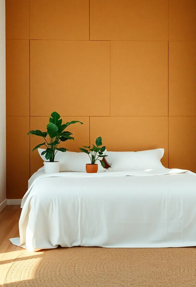 minimalist bedroom with raw cork panel accent wall in warm honey tones behind a simple white bed with green potted plants nearby