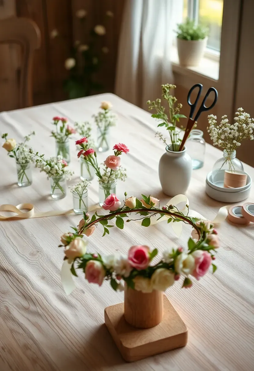 Flower crown making station for baby shower with fresh roses, floral tape, and completed crown on wood stand