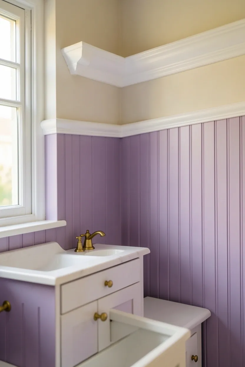 Mini mansion bathroom with dollhouse-style crown molding beadboard and tiny colorful built-in cabinets
