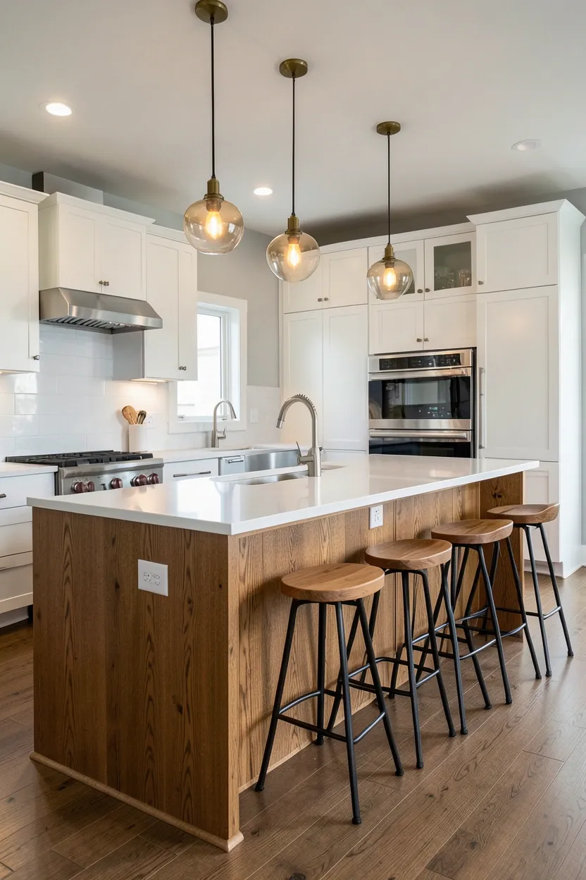 Warm wood kitchen island with bar stool seating and pendant lights above — casual family gathering and dining hub