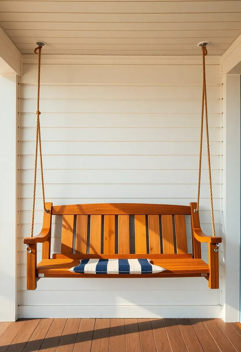 Ranch porch swing hanging from white painted ceiling joists with navy and white striped outdoor cushion