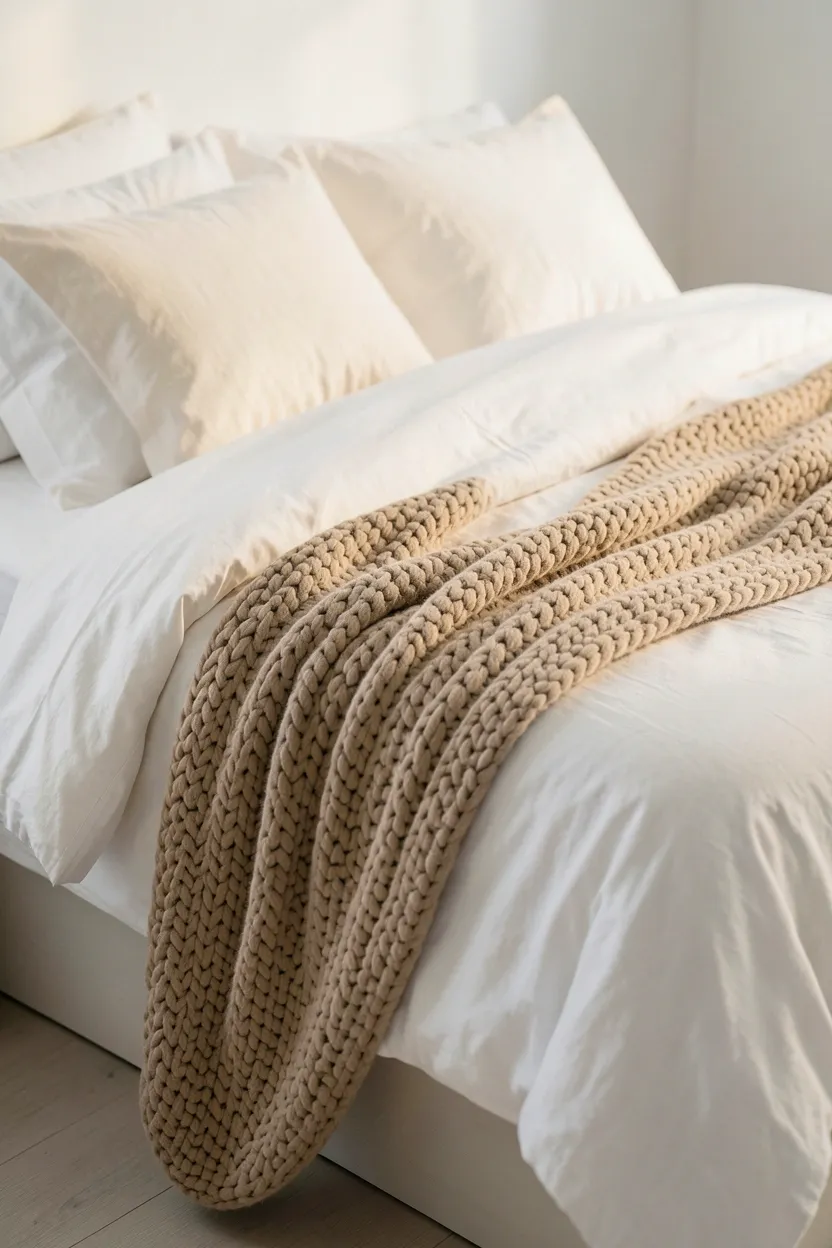 Layered white linen bedding with ivory and cream throw blankets on a Japandi bedroom bed