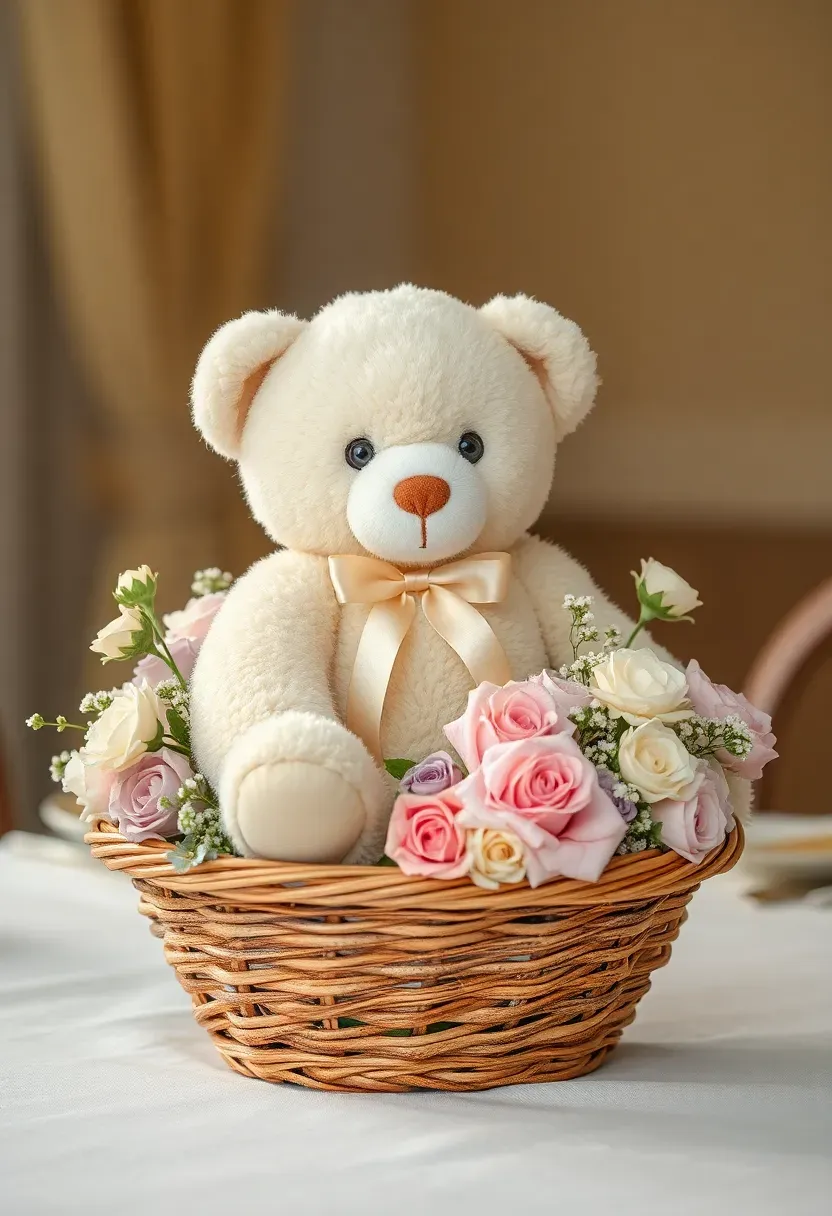 adorable teddy bear surrounded by a bouquet of pastel flowers and ribbon in a woven basket baby shower centerpiece