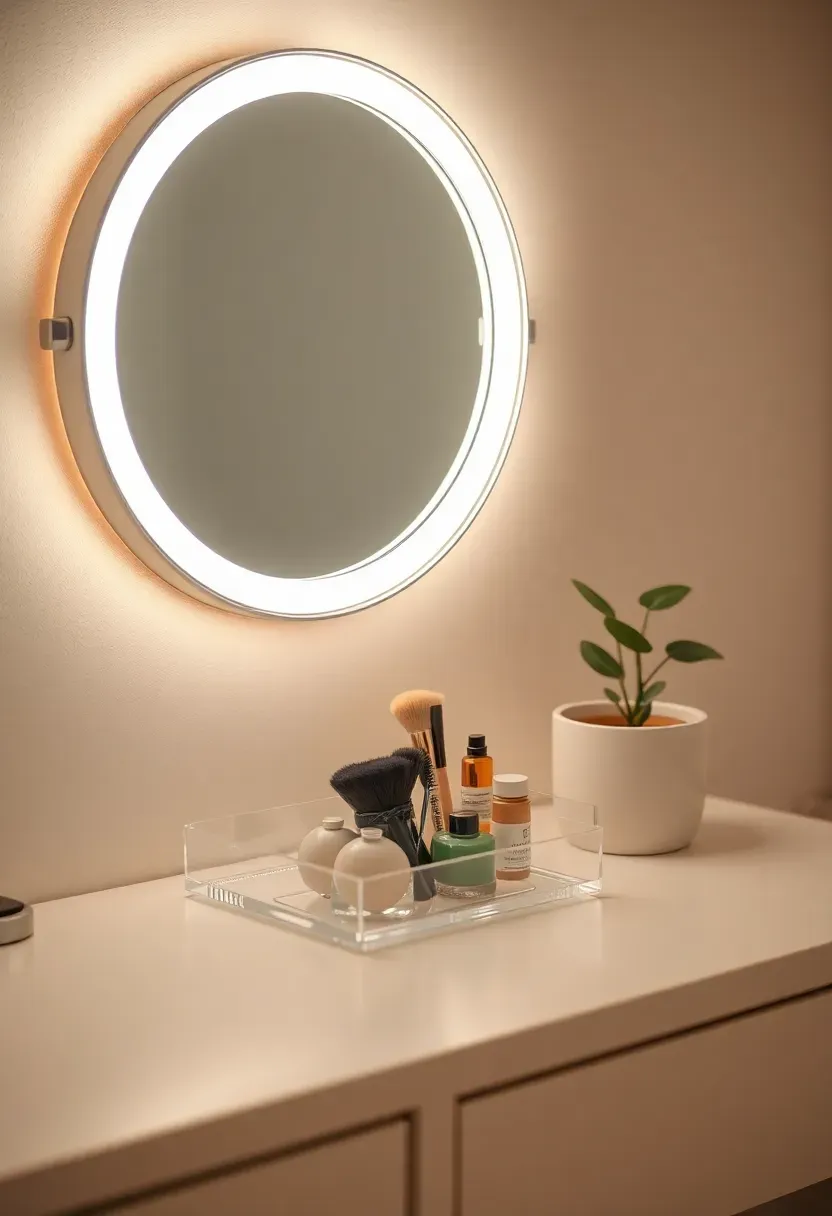 small dorm vanity area with round mirror Hollywood-style bulb lights organized makeup and white desk surface