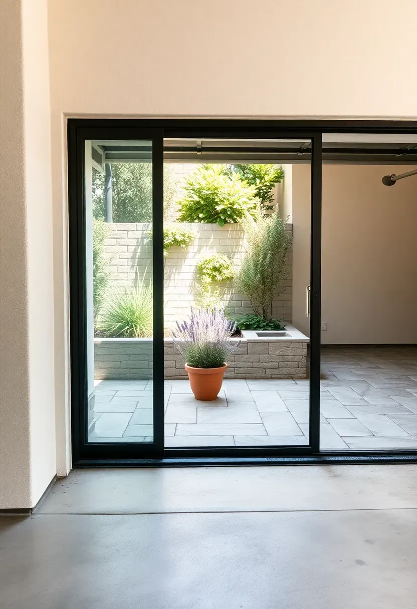 Attached garage side wall with glass patio door opening to a flagstone patio and garden