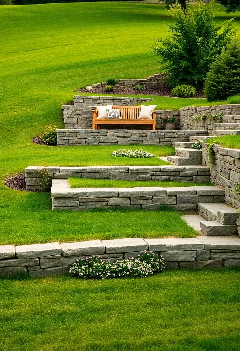 Multi-level backyard with three terraced platforms stepping down a gentle slope connected by wide stone steps with planted retaining walls between each level