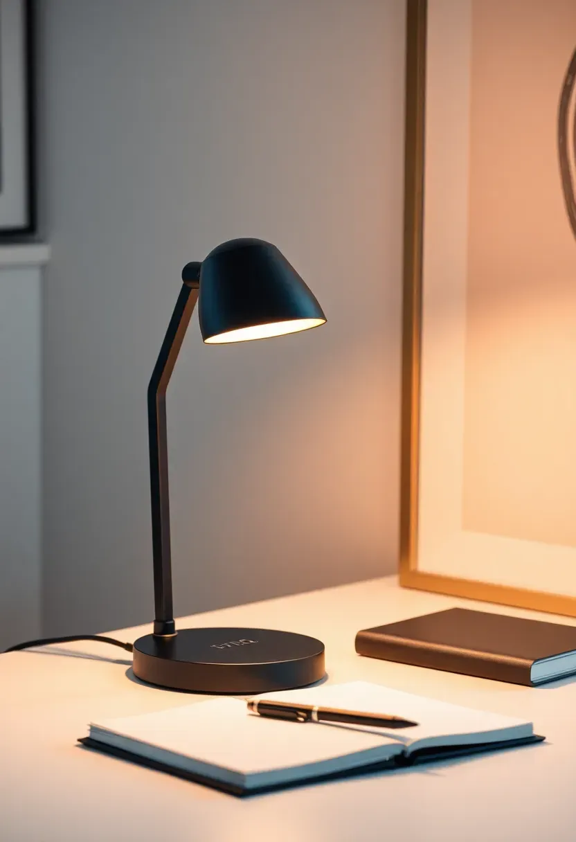 Minimalist LED desk lamp with adjustable arm and integrated USB charging port illuminating a clean modern workspace