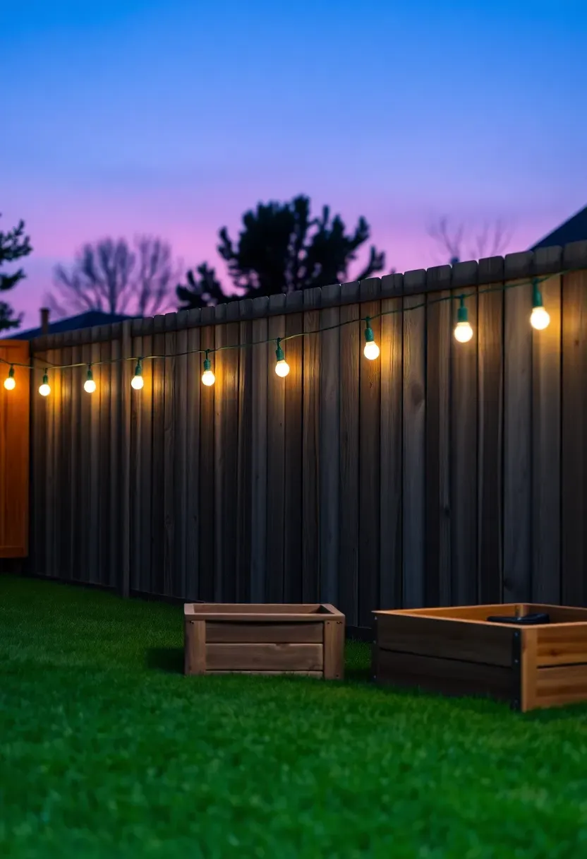 A wooden privacy fence with a single line of warm white string lights running along the top rail in a backyard at dusk
