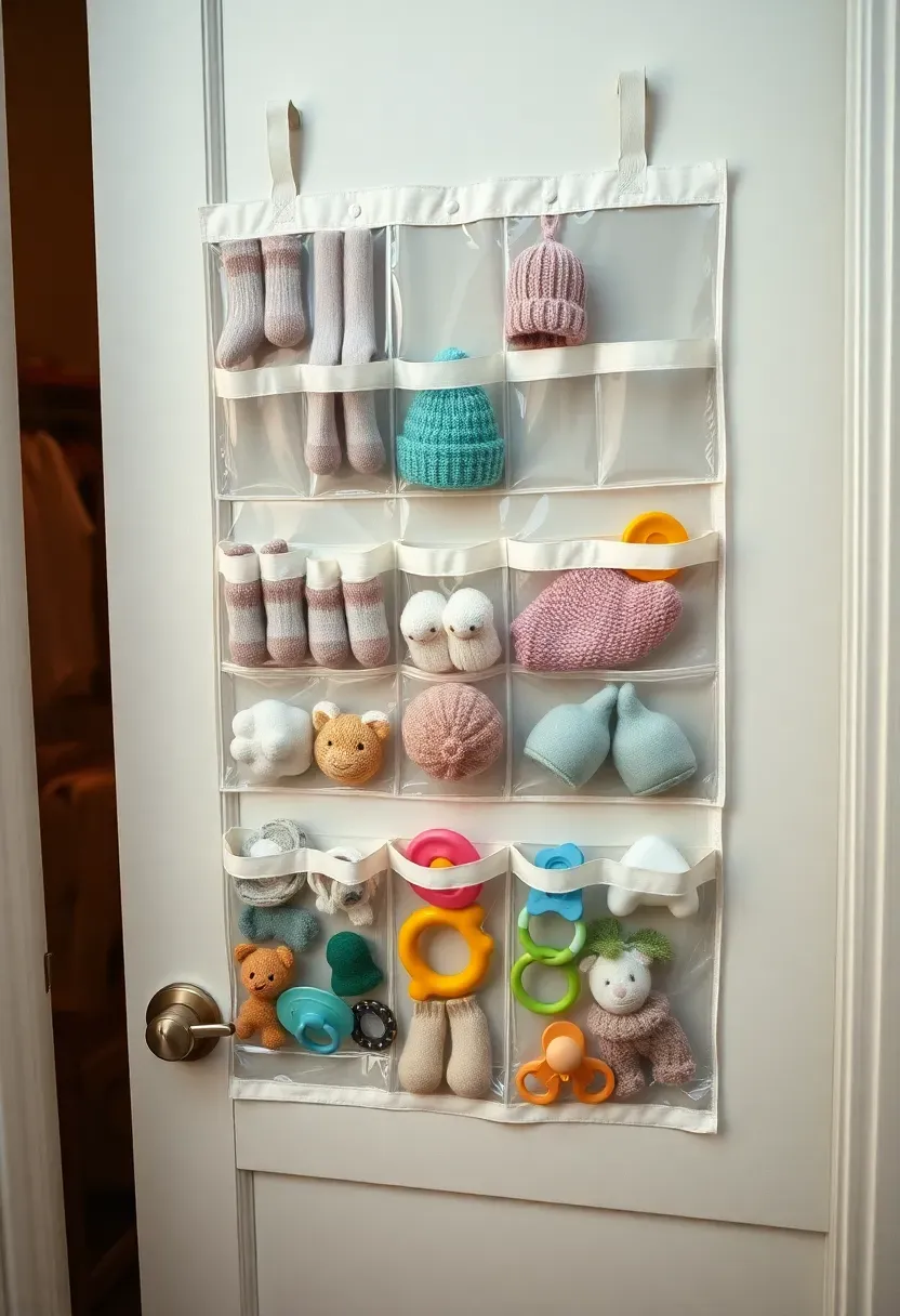 back of a nursery closet door with a clear pocket organizer holding small baby items like socks, hats, and mittens