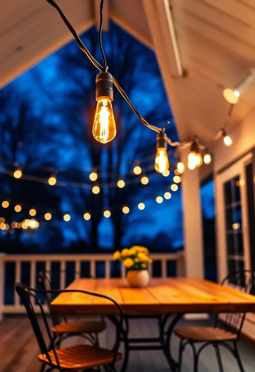Warm white string lights draped in a zigzag canopy pattern across a covered back porch at evening