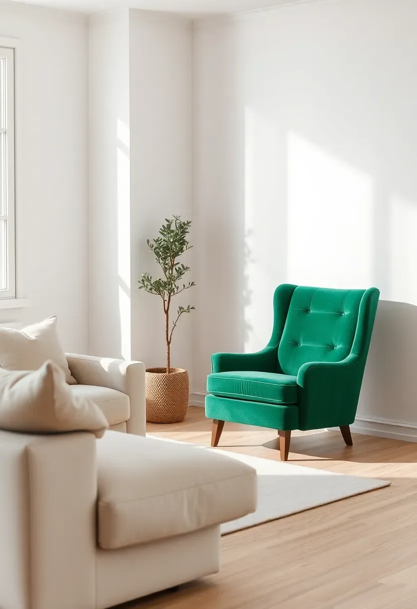 Hyper-realistic 3/4 view of minimalist living room in neutral cream, beige, and light wood palette, featuring single emerald green velvet armchair as only color accent. Cream linen sofa, light oak floor, white walls. Green armchair providing vivid color pop. Small olive tree in corner echoing green accent. Materials: velvet upholstery, linen, light oak wood. Natural light from window, green creating vibrant shadow contrast. Monochrome neutral with single color focus. Shallow depth of field, sharp details on velvet texture. No text, no logos, no watermarks.</p>