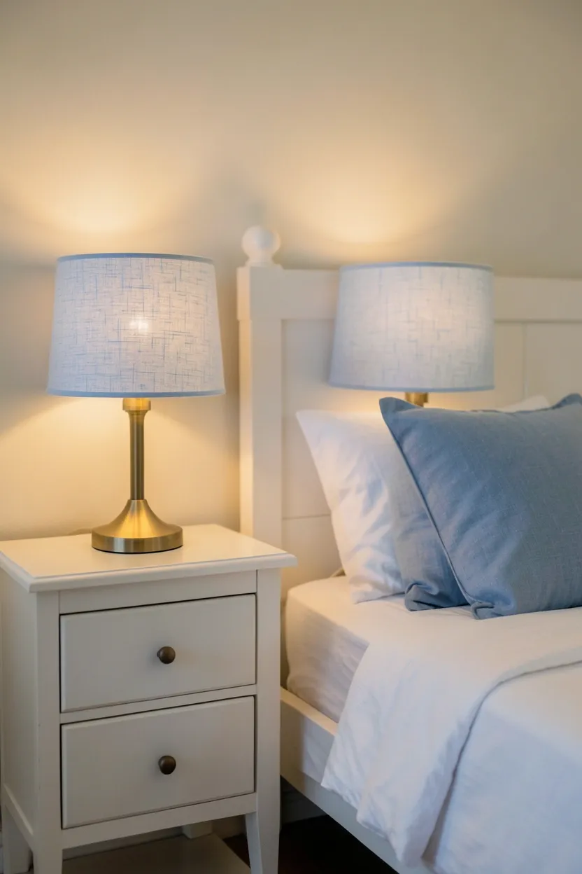 Hyper-realistic eye-level photograph of two table lamps with pale blue drum shades on white nightstands flanking white bed. Warm amber light glowing through shades, neutral cream walls, white bedding with subtle blue throw pillows. Materials: pale blue fabric lamp shades, brass lamp bases, white painted wood nightstands, cotton bedding. Warm ambient lighting, cozy tranquil evening atmosphere. Shallow depth of field, sharp details on lamp shade texture, balanced composition showing lamps and nightstands. No text, no logos, no watermarks.</p>
