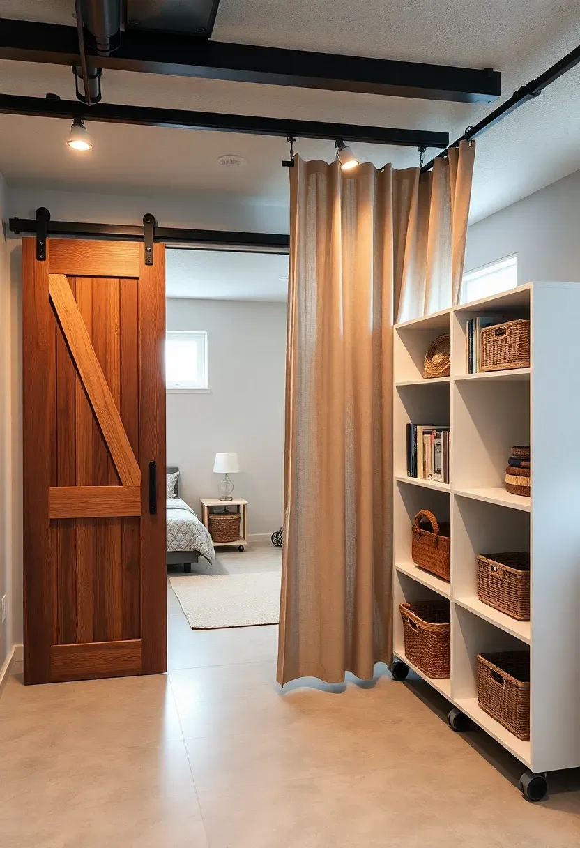 Basement with modular room dividers on casters, sliding barn doors, and curtain tracks creating flexible spaces that can open up or close off as needed