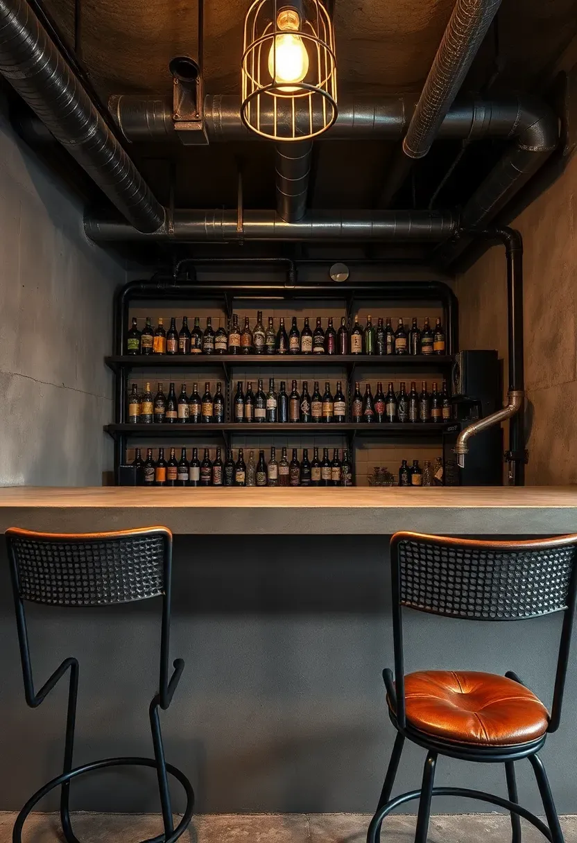 Industrial basement bar with poured concrete countertop, black iron pipe shelving, exposed ductwork above, and metal mesh bar stools