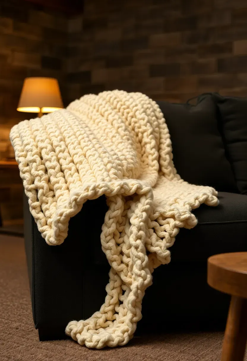 Chunky hand-knit blanket in cream draped over the arm of a charcoal sectional sofa in a basement lounge setting
