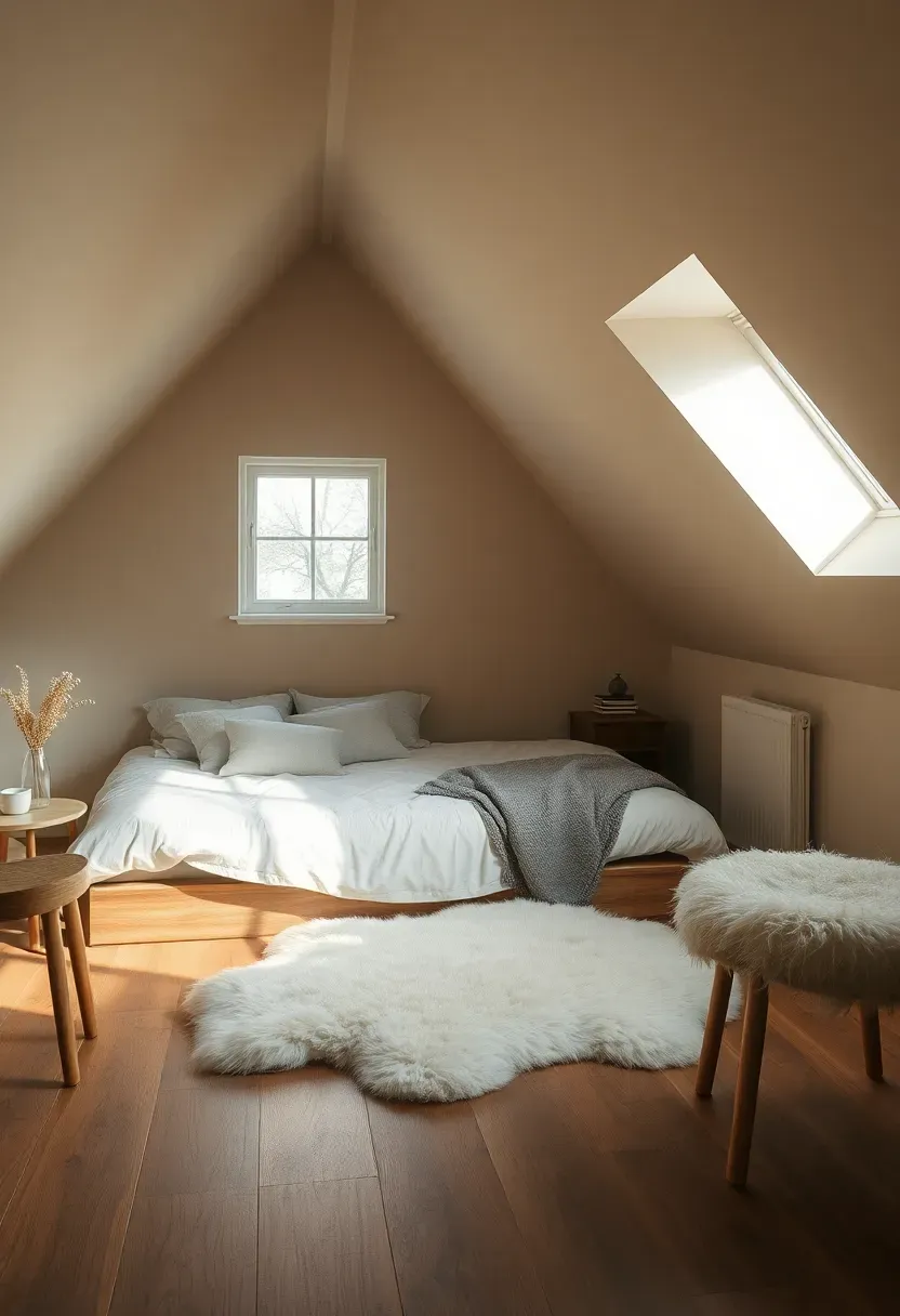 Shadowy attic eaves softened by a sheepskin rug