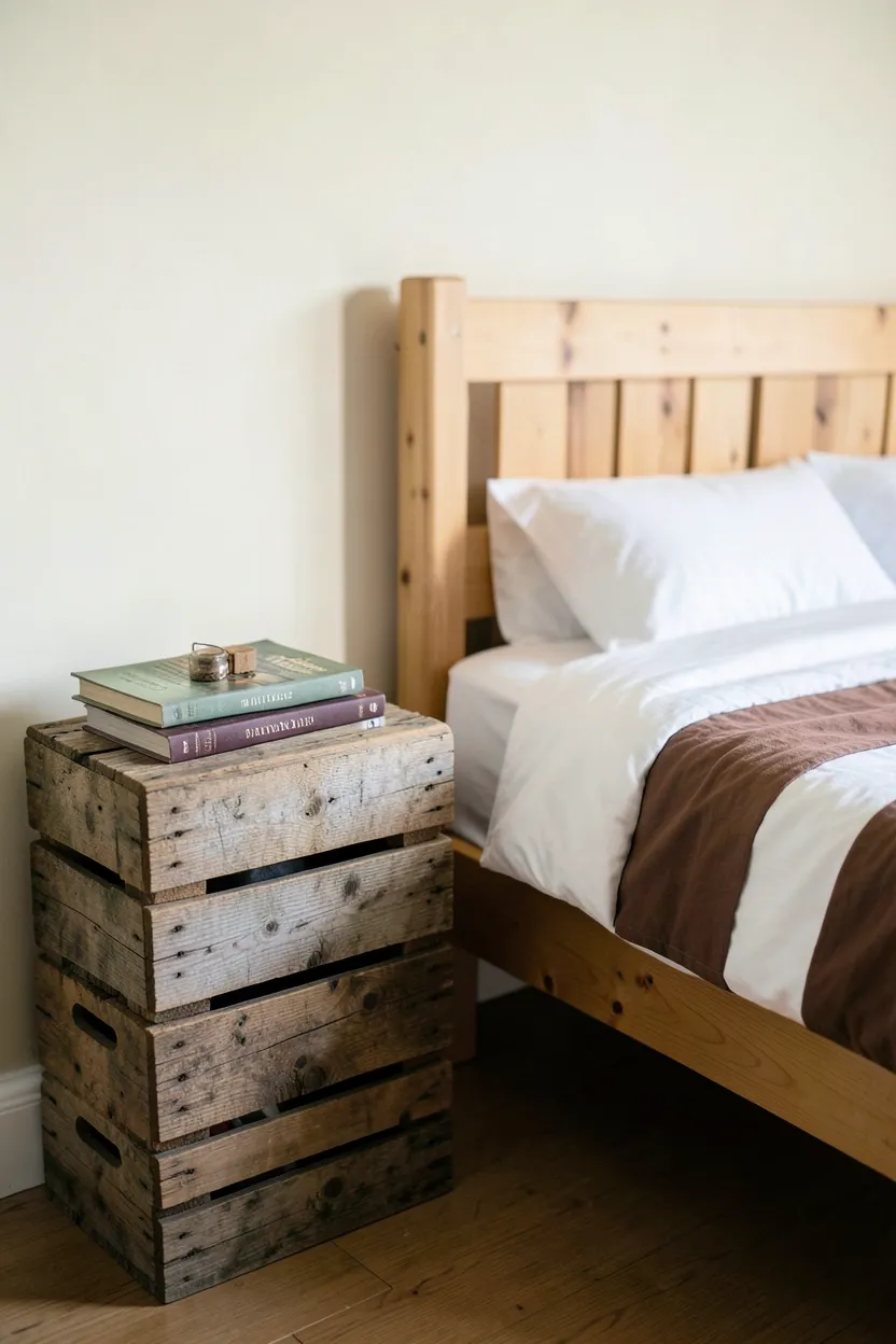 Hyper-realistic eye-level photograph of two wooden crates used as nightstands flanking rustic bed. Weathered wooden crates with visible construction details, stacked crates with books and small items on top, white bedding with brown accents, cream walls, natural light. Materials: distressed wooden crates with visible grain and nails, white cotton bedding, pine bed frame. Natural morning light, resourceful rustic atmosphere. Shallow depth of field, sharp details on crate texture and construction, balanced composition showing nightstands and room. No text, no logos, no watermarks.</p>